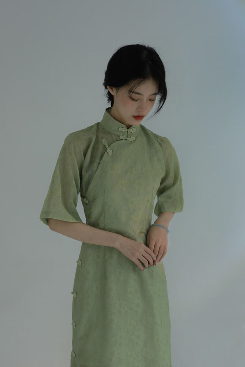 【顺丰速运】高端轻奢风民国大小姐古法绿倒大袖改良旗袍少女包臀开叉