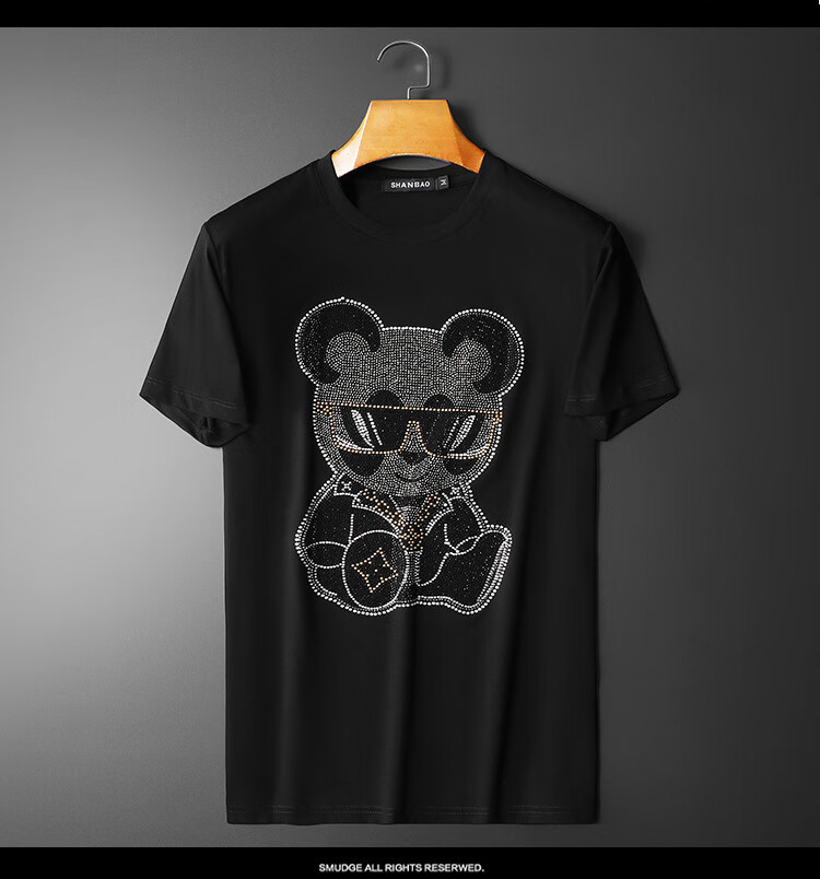 cn lv意大利国际轻奢侈品大牌欧货轻奢潮流ins小熊烫钻短袖t恤男夏季