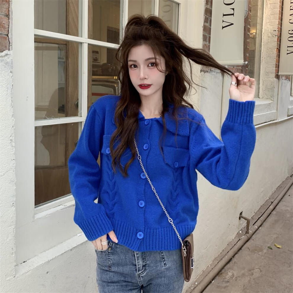 克莱因蓝毛衣女2021秋冬新款翻领麻花软糯开衫毛衣克莱因蓝均码