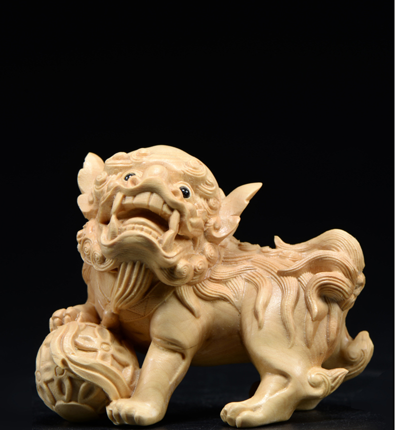 奈希森小叶黄杨木雕双狮戏球摆件狮子实木头雕刻红木家居饰品客厅工艺