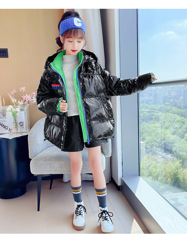 酷邦堡女童冬季棉衣外套初中生粉红色外套女大童加绒加厚棉衣中长款连