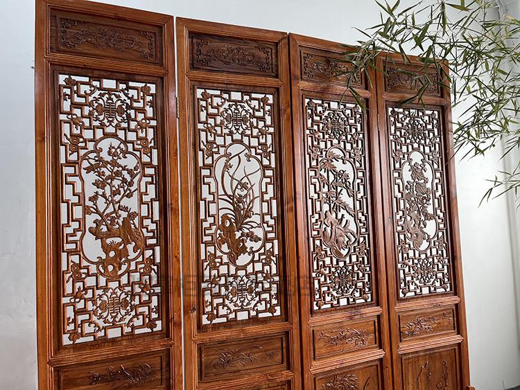 香樟木屏风中式实木屏风香樟木酒店客厅仿古木雕雕花移动进门折屏隔断