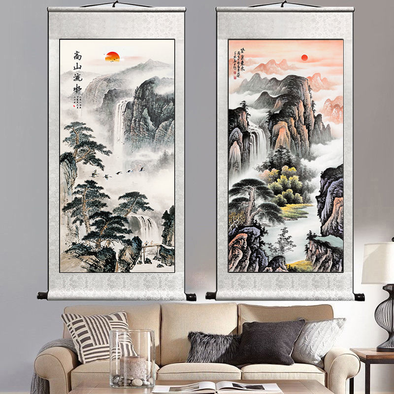 国画风水画山水画字画客厅装饰画靠山聚宝盆卷轴挂画旺业 高山流水 a