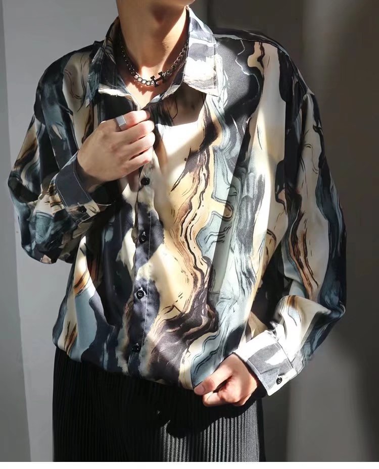 探锋鸟港风丝缎花衬衫男痞帅顺滑垂直感宽松长袖复古宽松印花油画衬衣