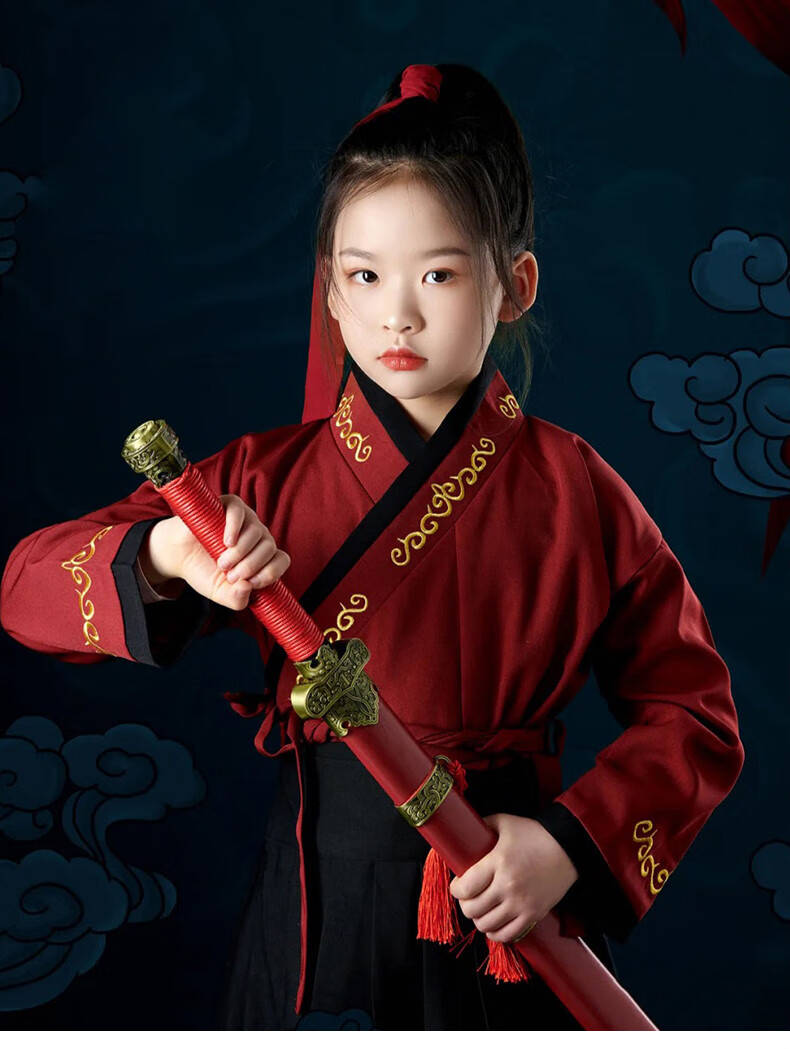 女童花木兰古装汉服女孩侠客武侠表演服装红色儿童学生国学演出服春