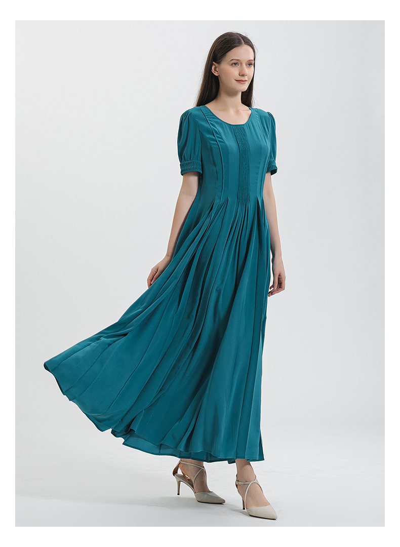 voa双绉桑蚕丝青蓝色圆领育克褶灯笼短袖中腰百褶大摆真丝连衣裙ae