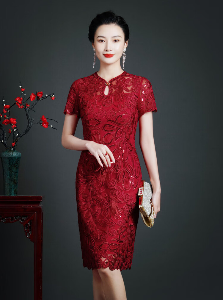 短款喜妈妈旗袍婚宴旗袍夏款优雅年轻丈母娘婚礼服高端婆婆装结婚