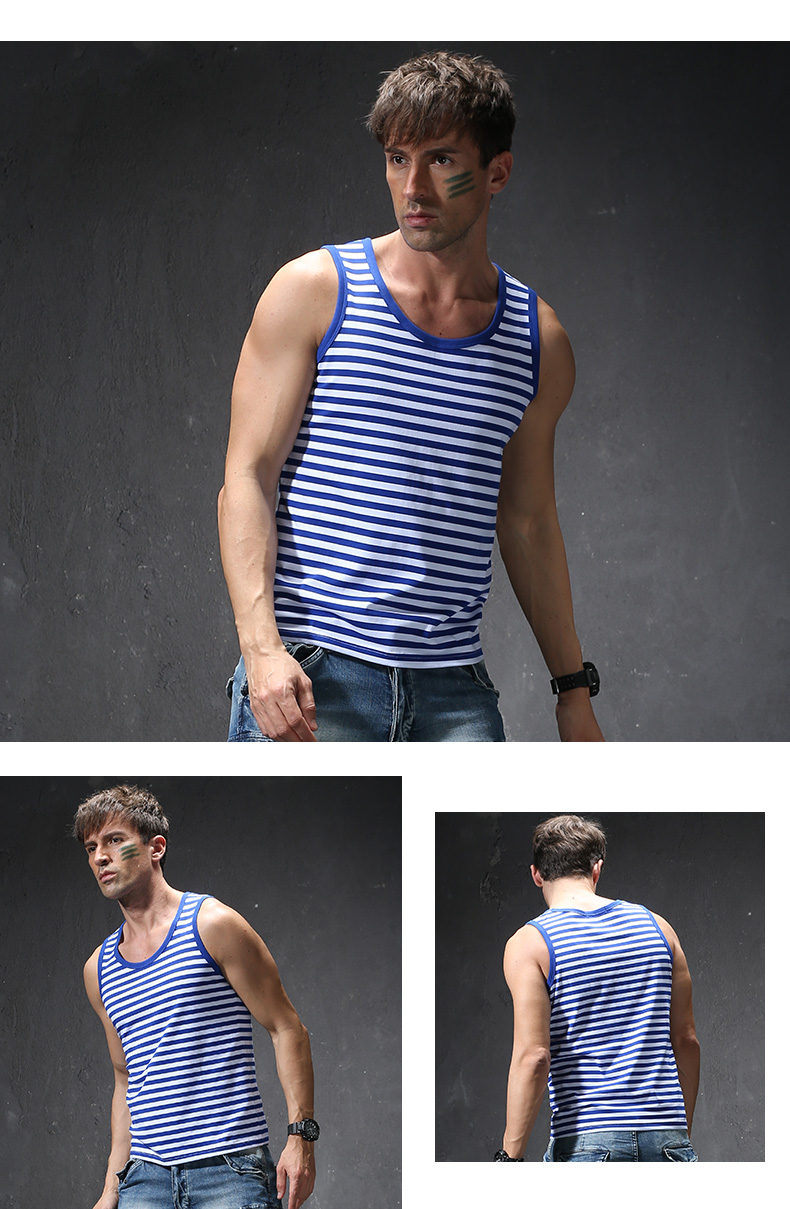 季言海魂衫无袖条纹背心男外穿潮运动弹力个性潮流时尚海军衫蓝色m