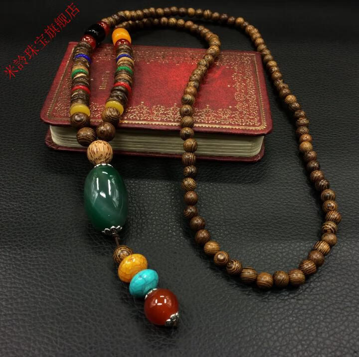 中国风木佛珠装饰项链男女百搭配饰品长款脖子菩提子吊坠挂件图腾