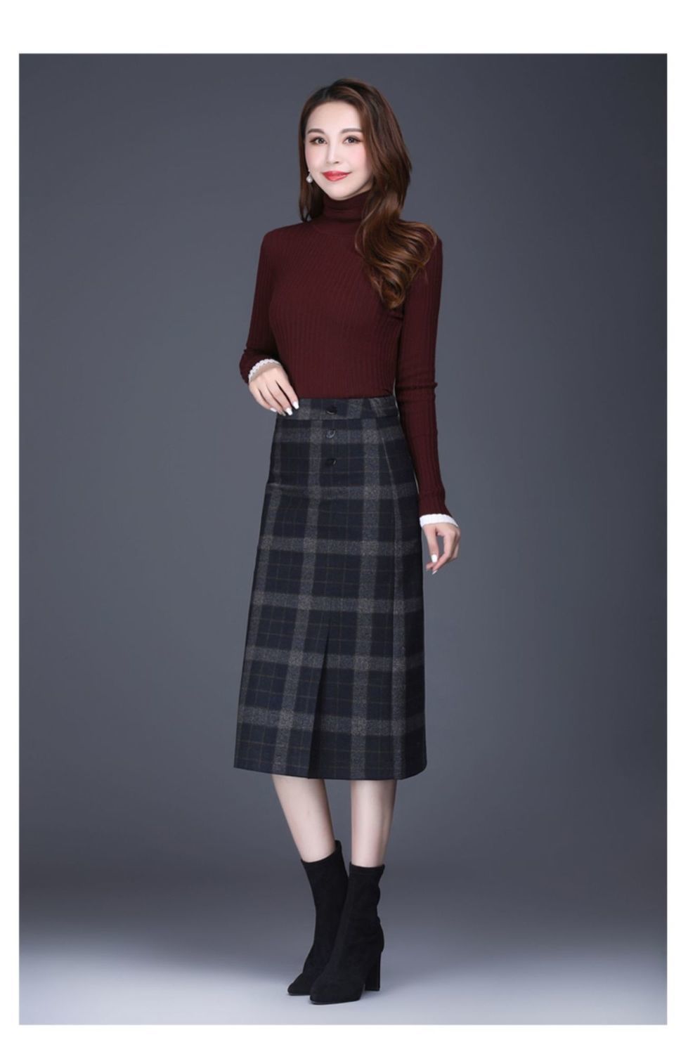 冬季打底半身裙女2021毛呢格子半身裙中长款女秋冬新款高腰开叉包臀裙