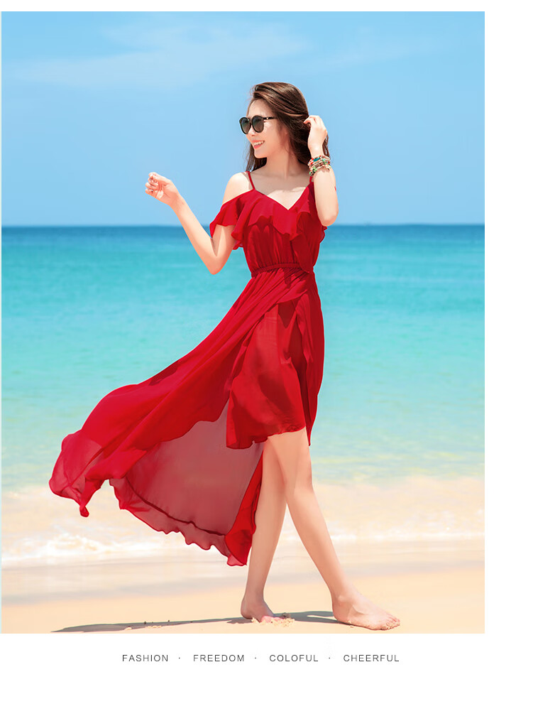 度假海边沙滩裙红色礼服女漏肩连衣裙夏露肩雪纺裙吊带长裙燕尾裙s