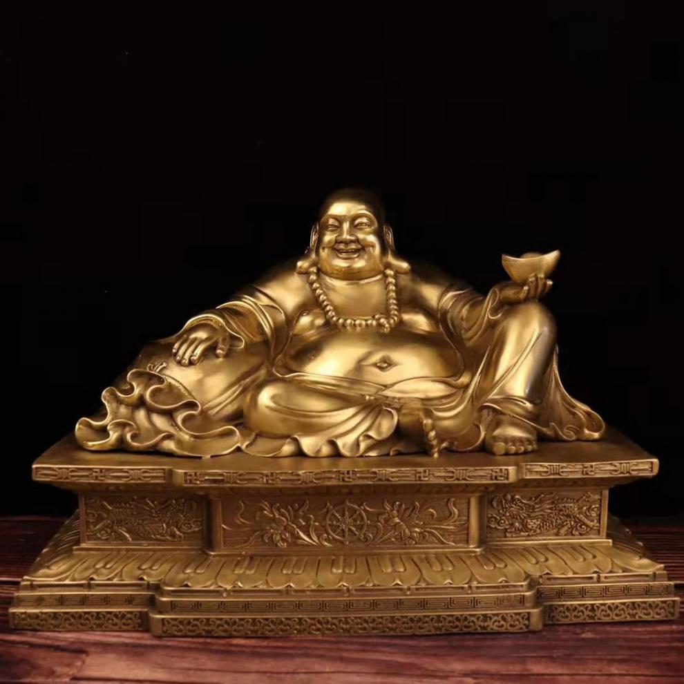 全铜摆件弥勒佛像全铜金装弥勒佛像摆件拖元宝布袋笑佛带底座供奉坐