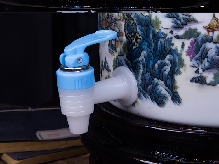 家用大号冷水壶带龙头储水罐瓷水桶大容量带盖荷塘情趣10斤水缸水龙头