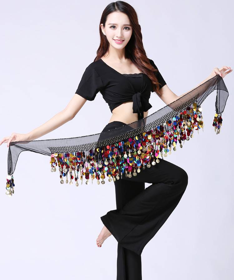 铜锣女肚皮舞腰链高档腰带练功服装腰封亮片印度舞蹈腰巾臀巾 黄色