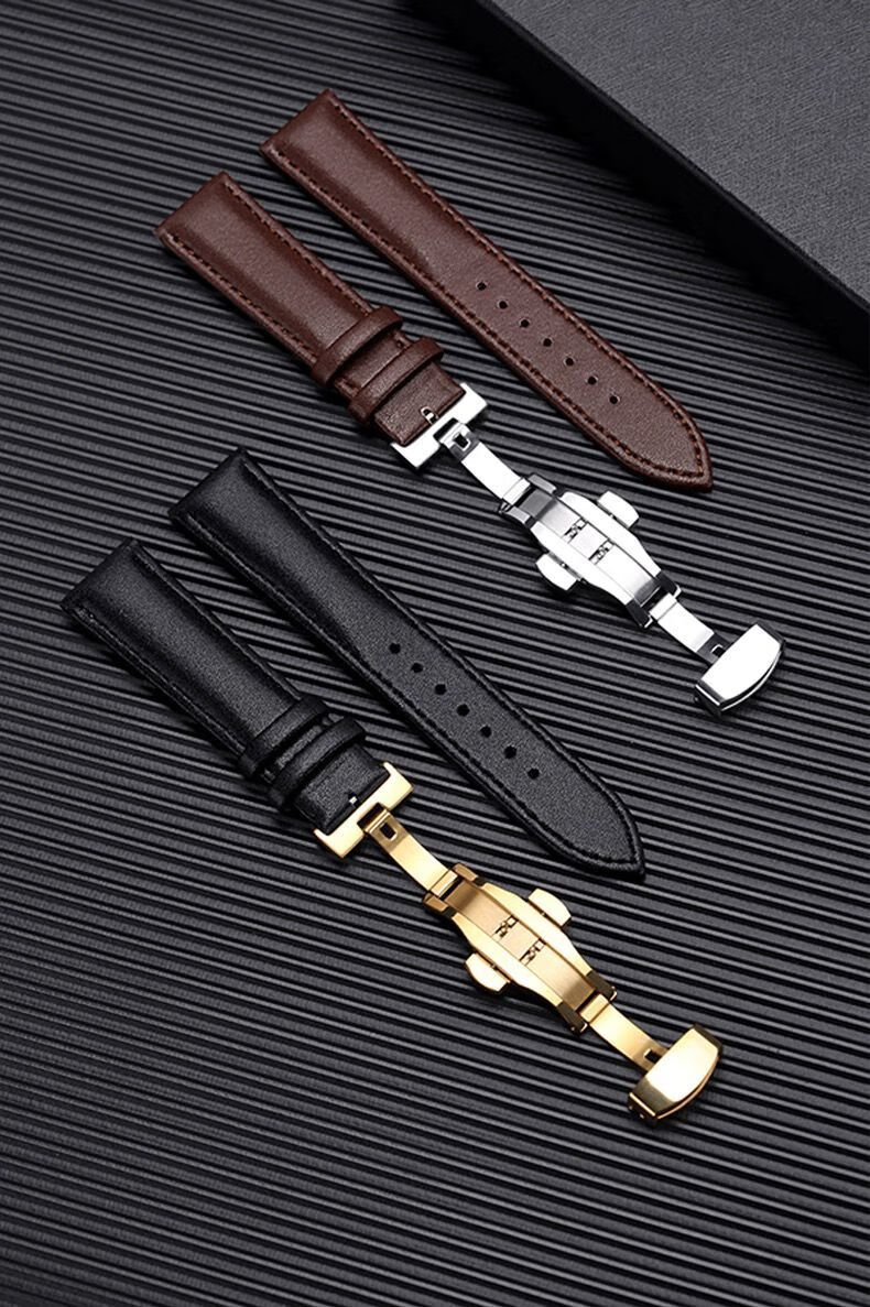 柔软手表带男软皮手表带女款皮带表链手表配件针扣蝴蝶扣牛皮缝线针纹