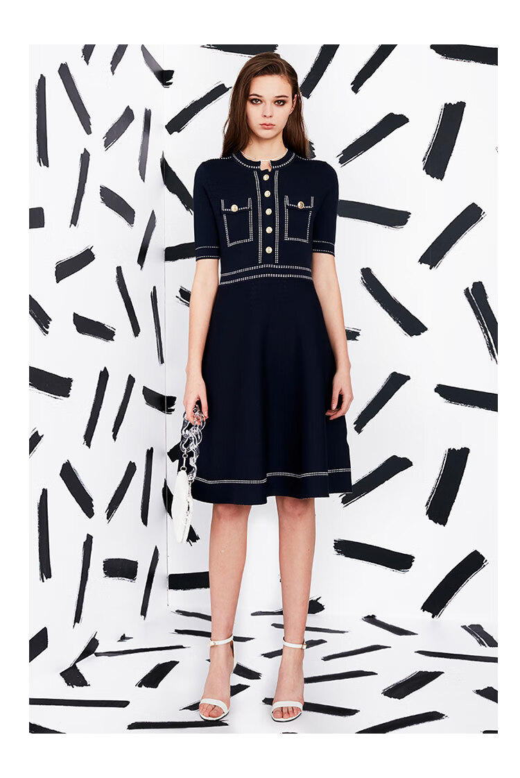 dkny修身短袖连衣裙明线撞色提花针织弹力裙子藏青色l