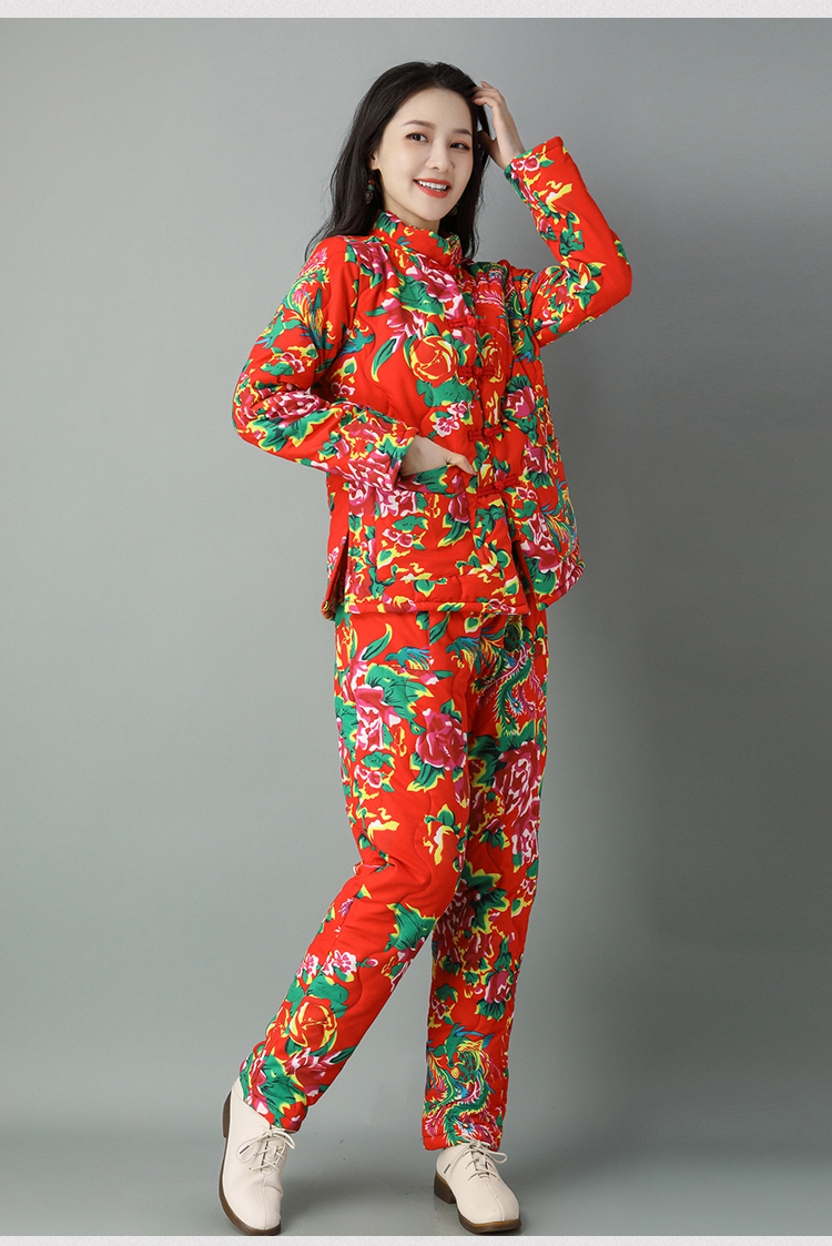 东北大花布衣服棉衣棉裤套装冬加厚盘扣民族风棉袄女冬季棉服外套红色