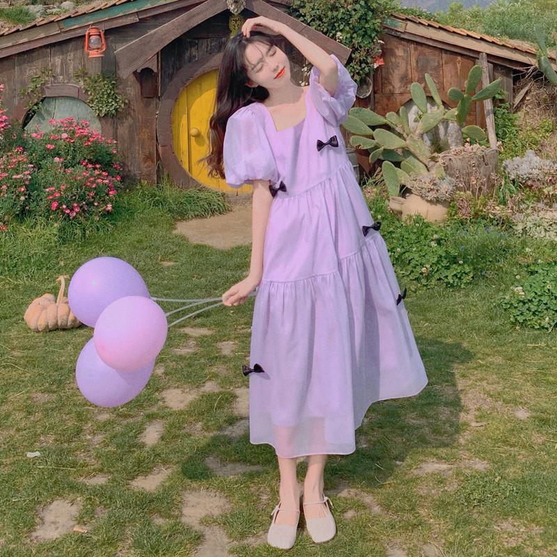 风粉色仙气长裙女夏甜美蝴蝶结方领法式桔梗连衣裙紫色l建议109118斤