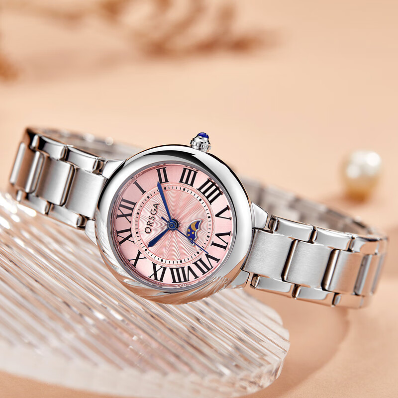 orsga女士手表 orsga欧士茄钢带银色壳星月白面罗马数字女士手表9312l