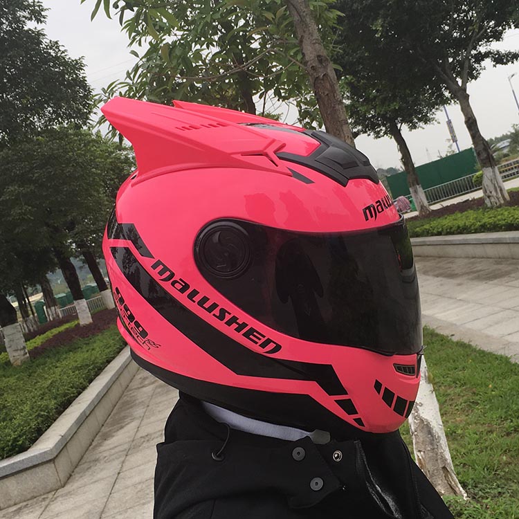 鬼火四季通用电动摩托车头盔粉色男女通带犄角用轻便赛卡丁车机车黑配
