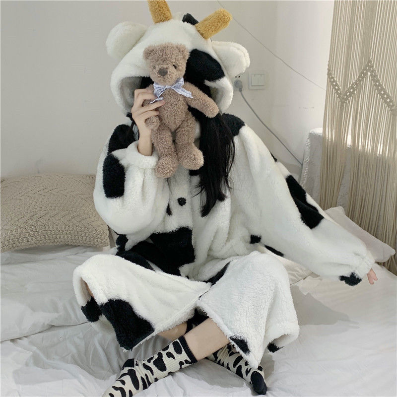 曼柏迪manbodi明星同款可爱奶牛睡衣女秋冬季珊瑚绒睡袍裙长款加厚