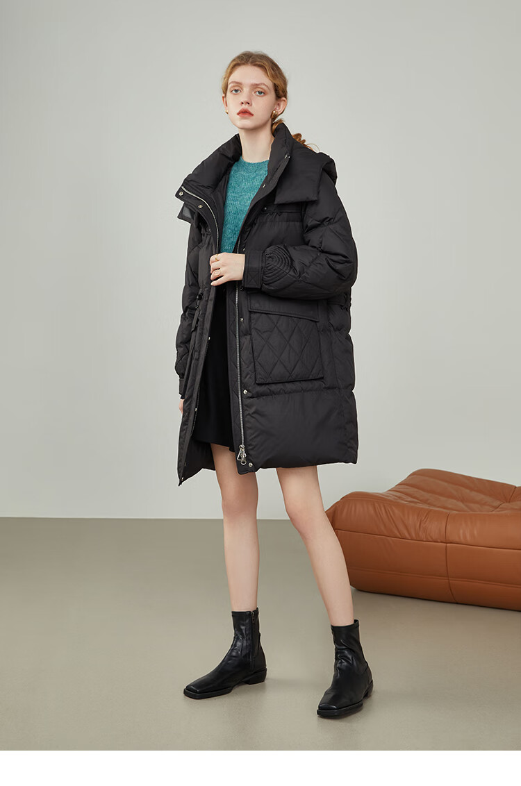 90白鸭绒范思蓝恩2021年冬季新款时尚休闲连帽羽绒服女外套214086黑色