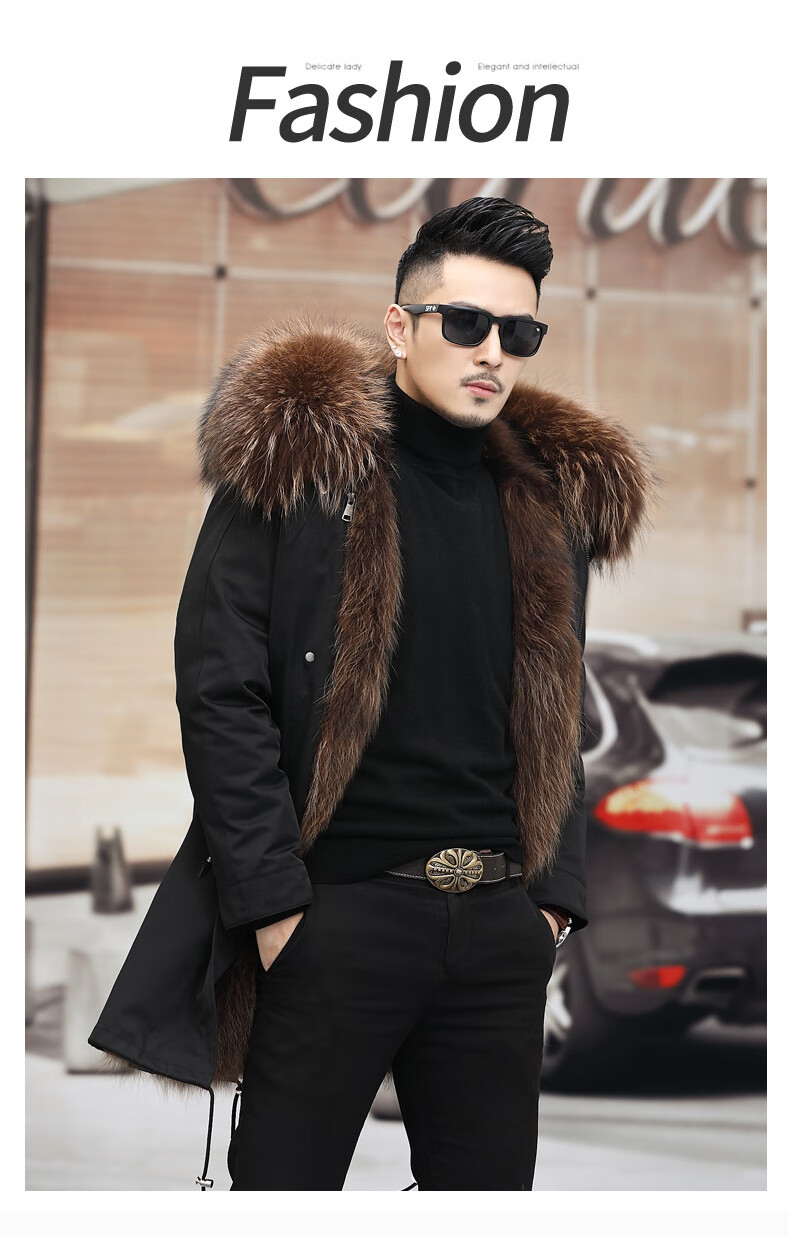 裘皮大衣大码男装中长款过膝潮中长款烟灰色真貉子毛内胆4xl160180斤