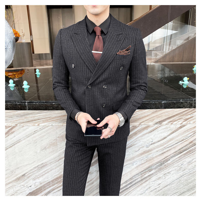 海澜之家旗下aex双排扣条纹西服套装男新郎结婚礼服秋冬季商务职业