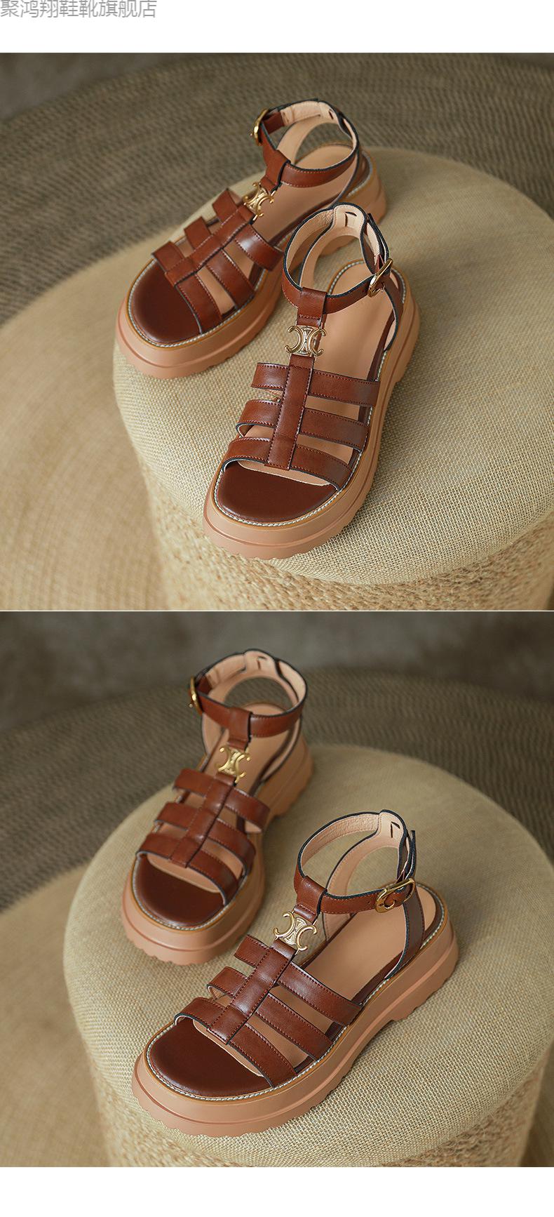聚鸿翔2022夏季新款棕色厚底交叉带复古凉鞋女粗跟松糕底露趾米女鞋