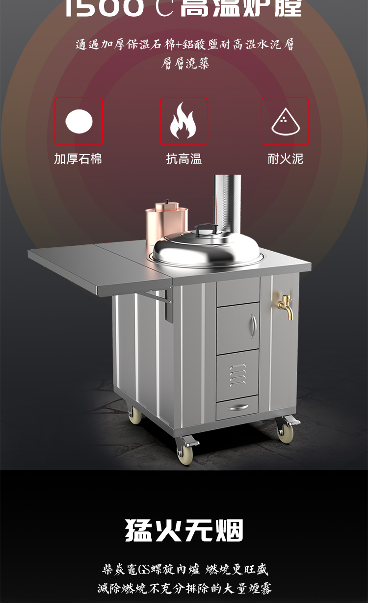 【京选优品】304柴火灶家用农村烧木柴新式不锈钢大锅台无烟土灶台移