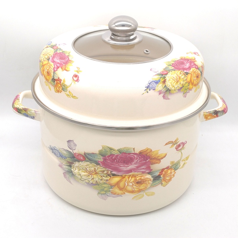 搪瓷蒸锅炖锅加厚平底汤锅蒸锅可蒸包子馒头电磁炉燃气通用带蒸片24cm