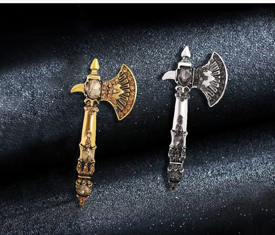博皓定制复古水钻斧头男女士西服胸针胸花水晶别针防走光配饰斧古银灰