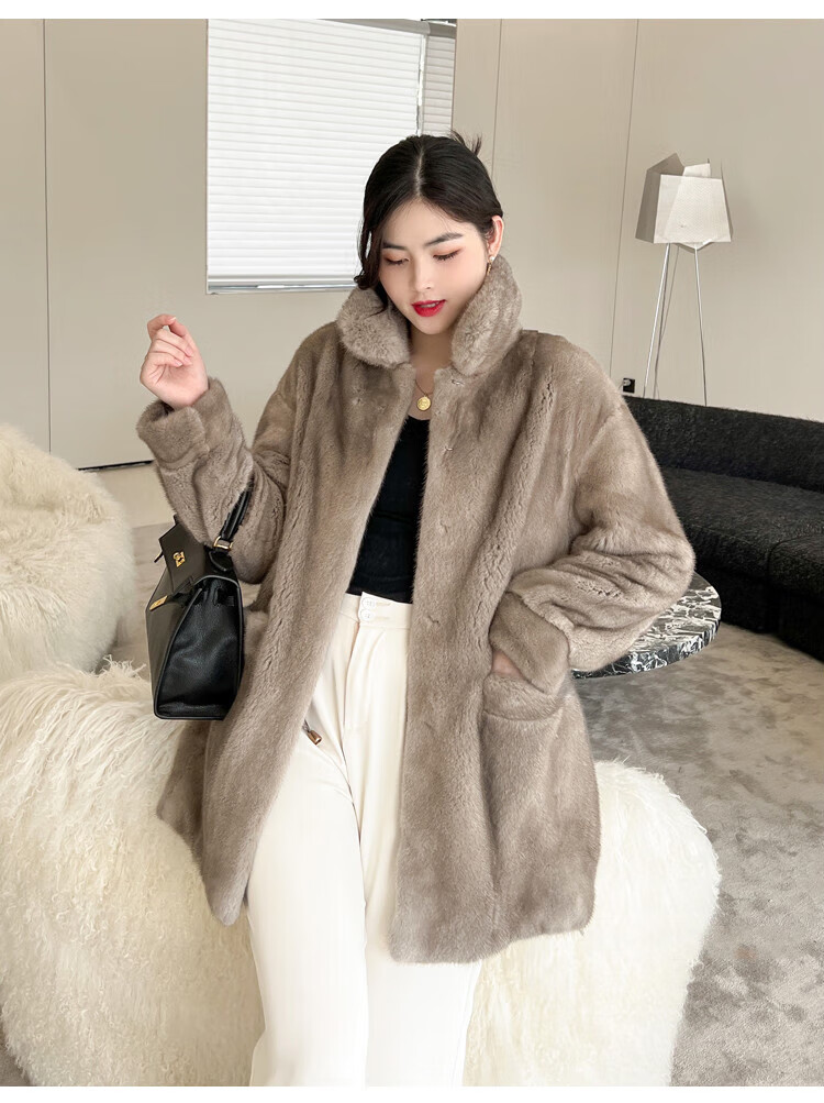 欧迪鸟品牌女装新款进口紫标天鹅绒貂皮大衣女整貂中长款皮草外套 海