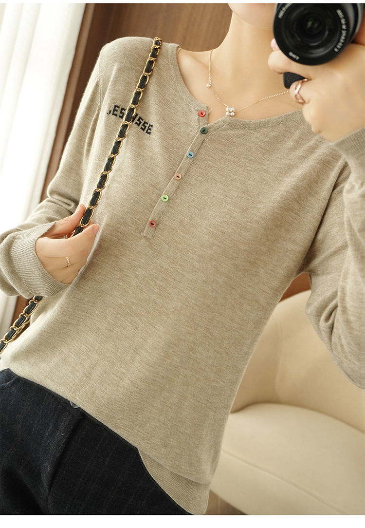 纯棉线针织2021春季新款慵懒风宽松半开领打底衫女驼色m100斤之内