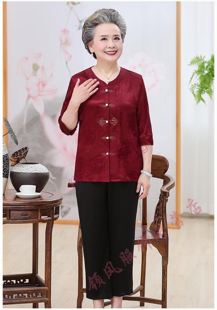 高端轻奢中老年人夏装女奶奶装短袖套装薄款唐装夏老人上衣服妈妈装