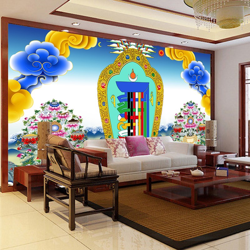 壁纸藏式四兽图佛教壁纸藏族特色客厅佛堂背景墙壁画油画布墙纸胶水