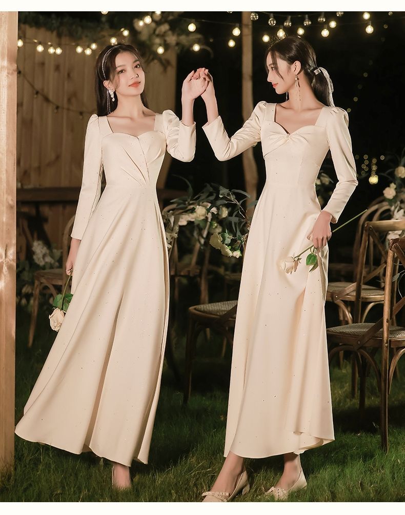 cken缎面伴娘服新款冬季仙气质感显瘦姐妹裙晚礼服长袖遮手臂025长款