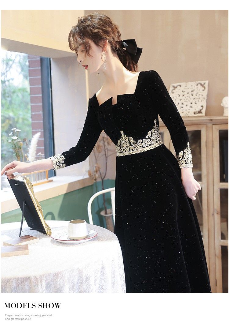 刺绣时尚平时可穿宴会气质名媛法式复古方领公司年会礼服黑色中长2xl