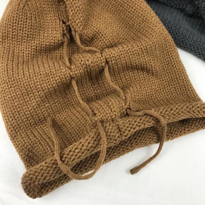 后女帽子日系抽绳系带兜兜帽针织卷边堆堆帽毛线帽子女秋冬天新款时尚