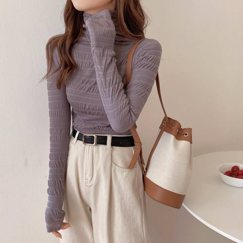 网纱打底衫女秋冬白色高领蕾丝冬时尚堆堆领加绒长袖上衣t恤内搭配叠