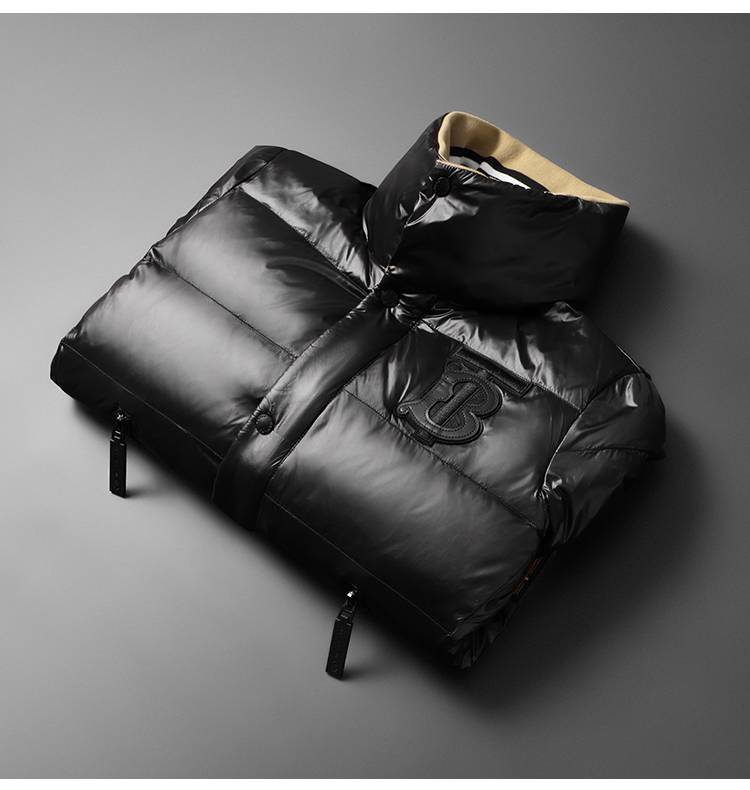 亮面羽绒服男立领加厚短款刺绣外套男士男式男生冬天冬季暖黑色m90105