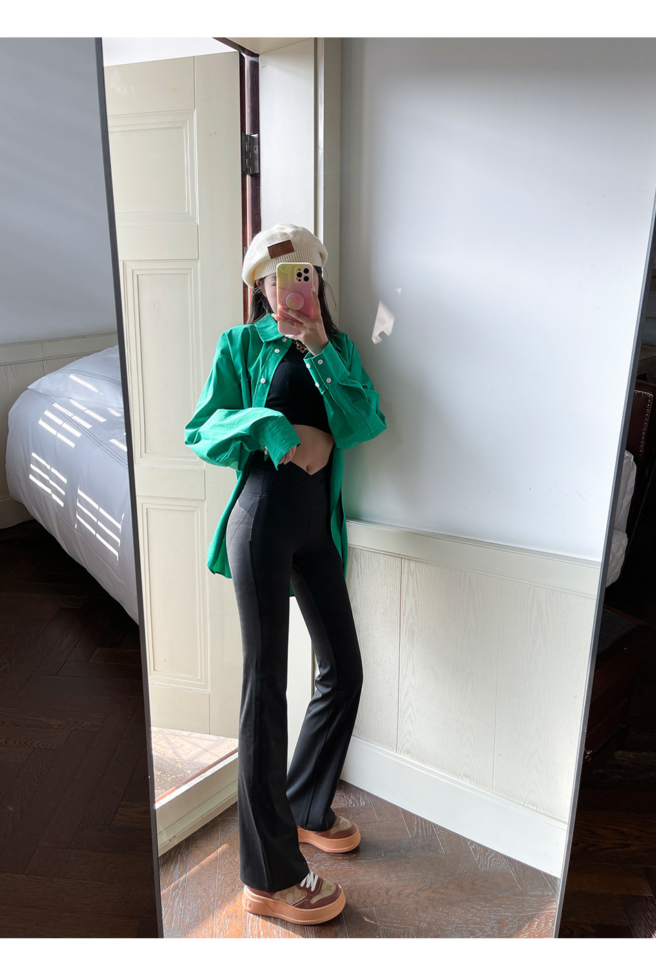 交叉腰鲨鱼皮微喇叭裤外穿春高腰修身大码芭比裤开叉休闲拖地裤女常规