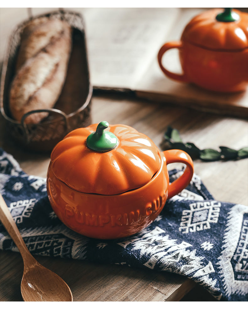 卡通可爱创意陶瓷南瓜杯带盖早餐杯甜品燕麦杯学生水杯大南瓜盖杯垫