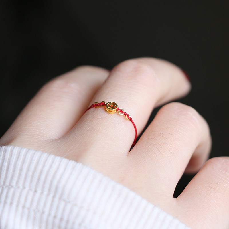 黄金小钱币戒指女999足金铜钱本命年红绳戒指手工编织手绳小红书同款
