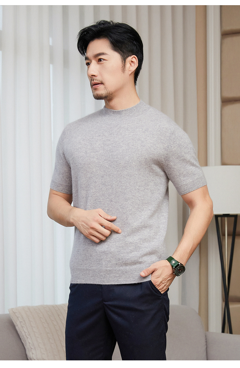 男士羊绒衫短袖休闲商务男装纯羊绒毛衣针织衫男浅驼色m