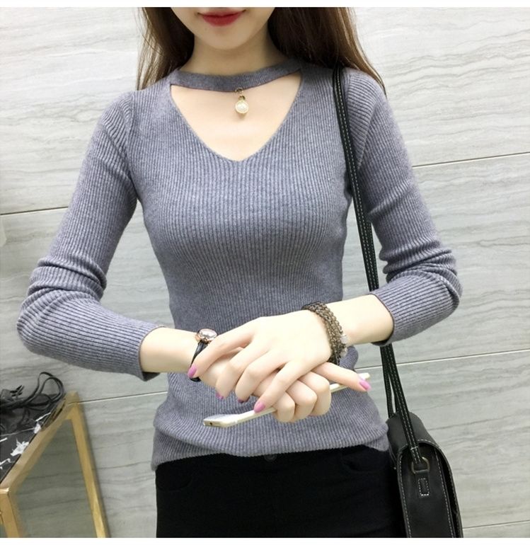 春秋针织衫v领挂脖毛衣打底衫2021女装韩版修身套头上衣 酒色 s【图片