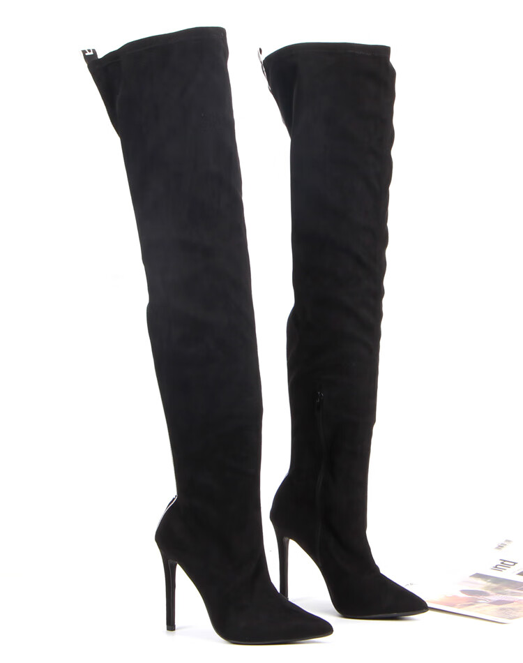 【大码超长过膝靴】靴绒面尖头侧拉链细跟长靴过膝靴字母拼接高筒靴潮
