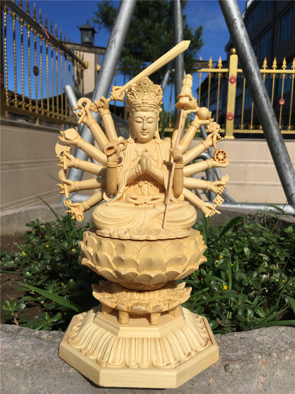 桧木木雕准提菩萨摆件明清准提佛母佛像坐莲花插屏十八臂千手观音