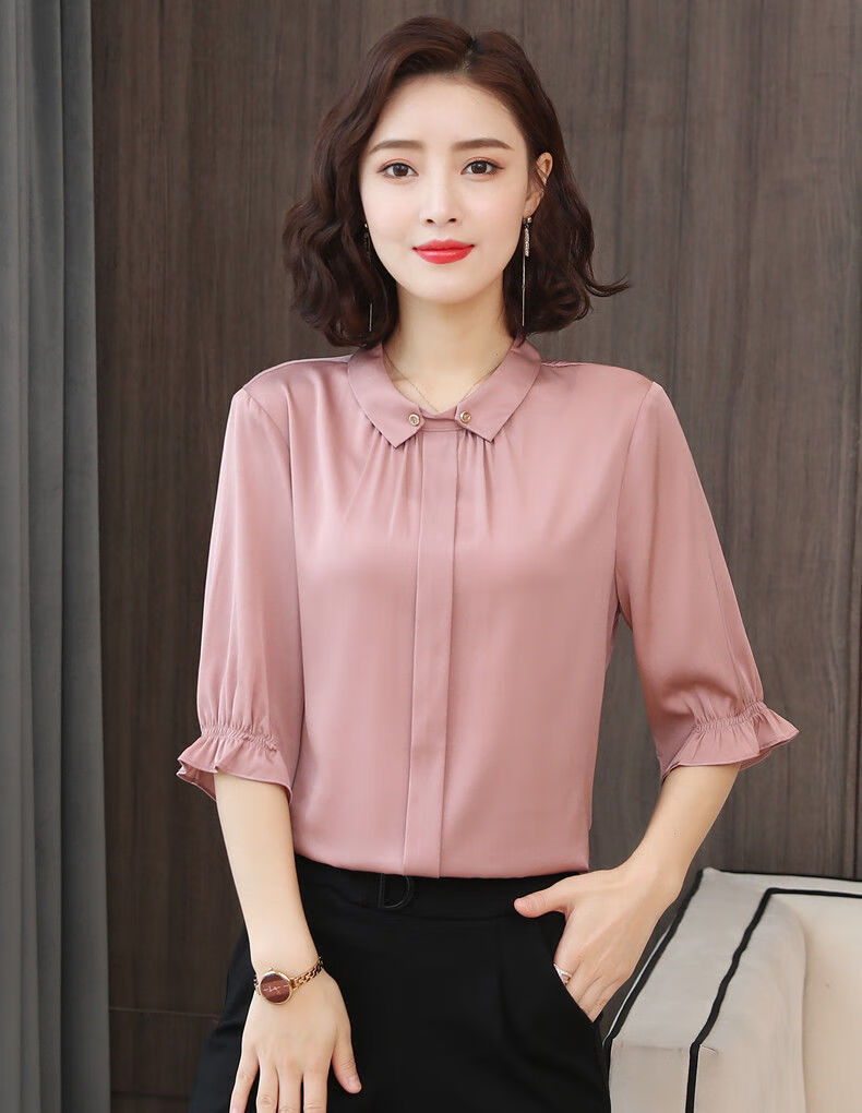 恒源祥官方重磅真衬衫女短袖纯色宽松百搭妈妈款丝绸上衣2021夏季桑