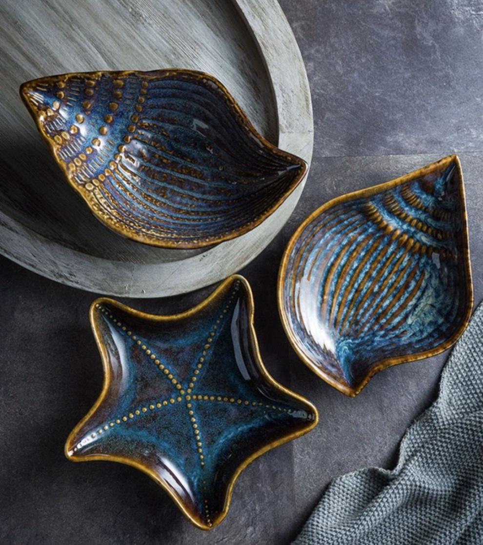 窑变异形盘子陶瓷浮雕个性家用菜盘盘子家用创意点心盘海星扇贝碟